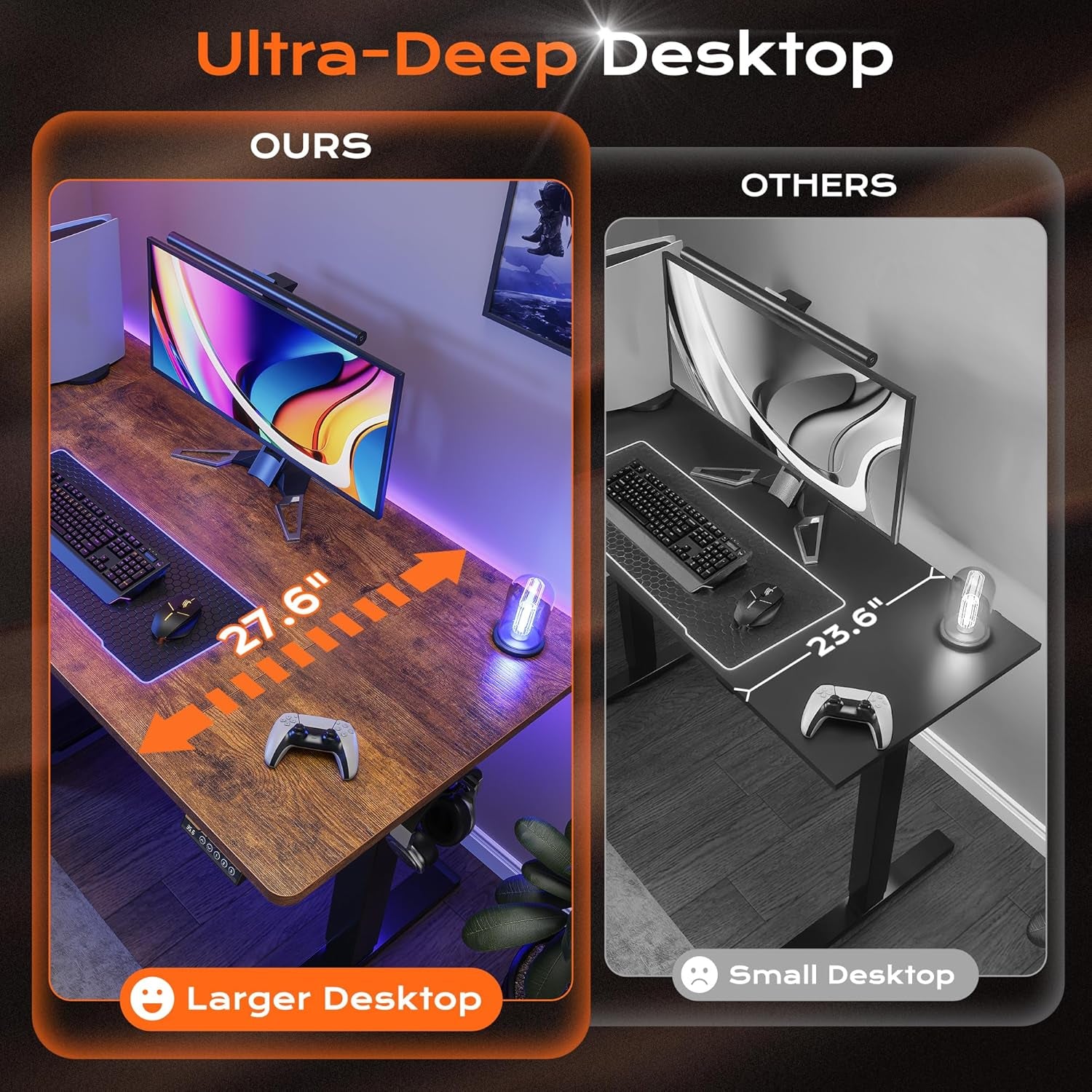 55 X 28 Large Electric Standing Desk, Height Adjustable Computer Desk, 27.6" Deep Desktop, Stand up Gaming Office Desk with 2 Hooks, 3 Preset Heights, for Home Office, Rustic Brown