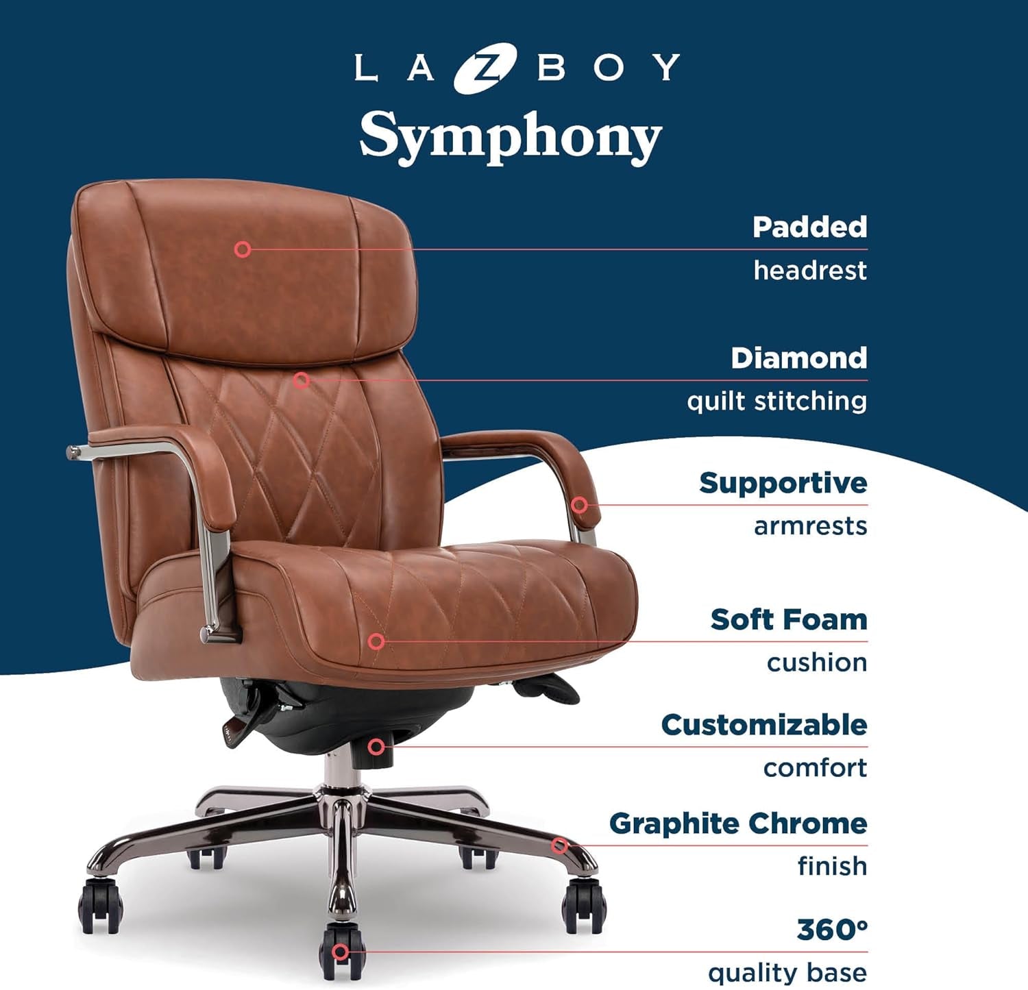 Symphony Executive Mid-Back Office Chair, Diamond Quilt Seat and Back, Pocket Coil Cushion, Padded Armrests, Ergonomic Computer Deskchair, Swivel Metal Base, Bonded Leather, Cognac/Graphite