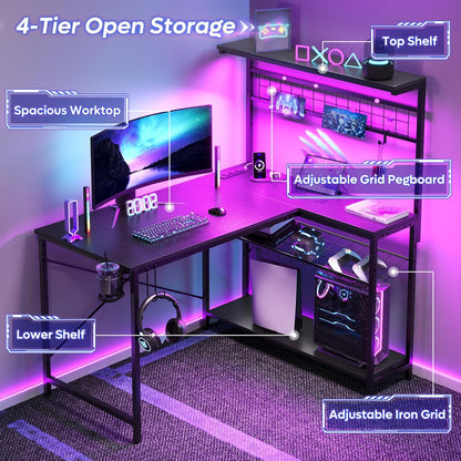 42 L Gaming Desk,Computer Desk with Power Outlets, LED Lights, Reversible Corner Desk with 4-Tier Shelves,Cup Holder & Hook Carbon Fiber Black