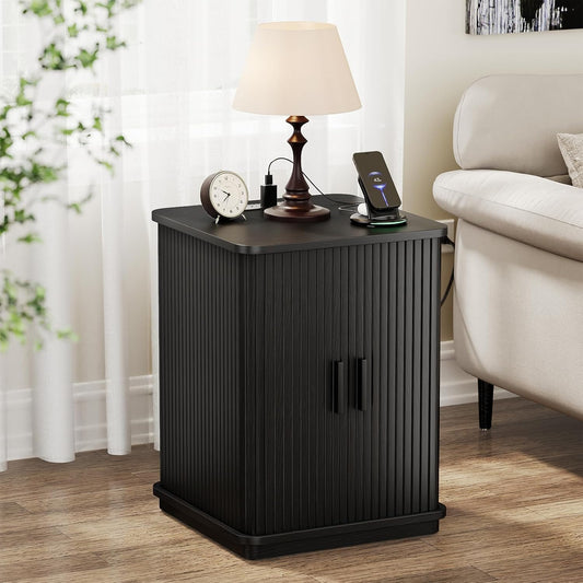 Square End Table with Storage & Charging Station, Fluted Accent Side Table with Sliding Door & Sturdy Pedestal, Mid-Century Modern Nightstand for Small Space, Living Room, Bedroom, Black