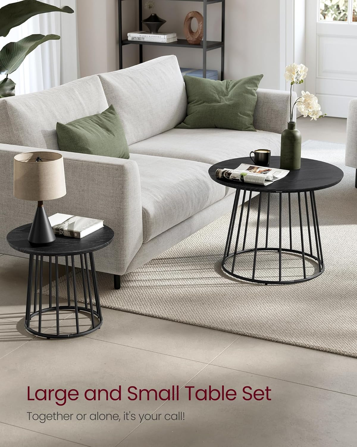 round Coffee Tables, Set of 2, Modern Circle Side Tables with Steel Frame, for Living Room, Bedroom, Ebony Black ULCT045B56
