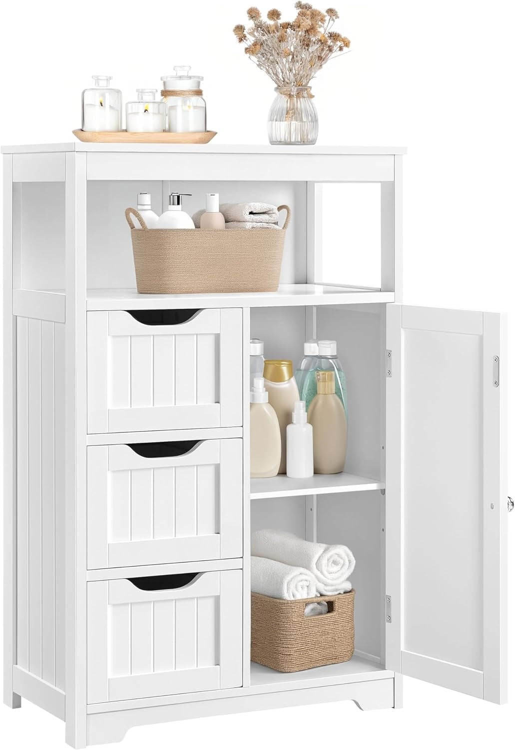 Bathroom Floor Cabinet Wooden Storage Organizer with 1 Door and 3 Drawers, Free-Standing Cupboard for Kitchen/Living Room/Bathroom Use, White