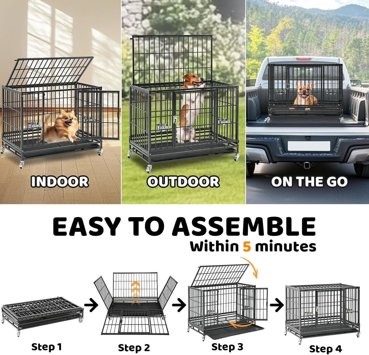 Three Tiers 37 Inch Dog Crate, Escape Proof Dog Cage Kennel Indoor with Top Access and Lockable Wheels, Removable Tray, Heavy Duty Dog Crates for Medium/Small Dogs