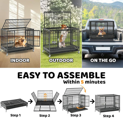 Three Tiers 37 Inch Dog Crate, Escape Proof Dog Cage Kennel Indoor with Top Access and Lockable Wheels, Removable Tray, Heavy Duty Dog Crates for Medium/Small Dogs