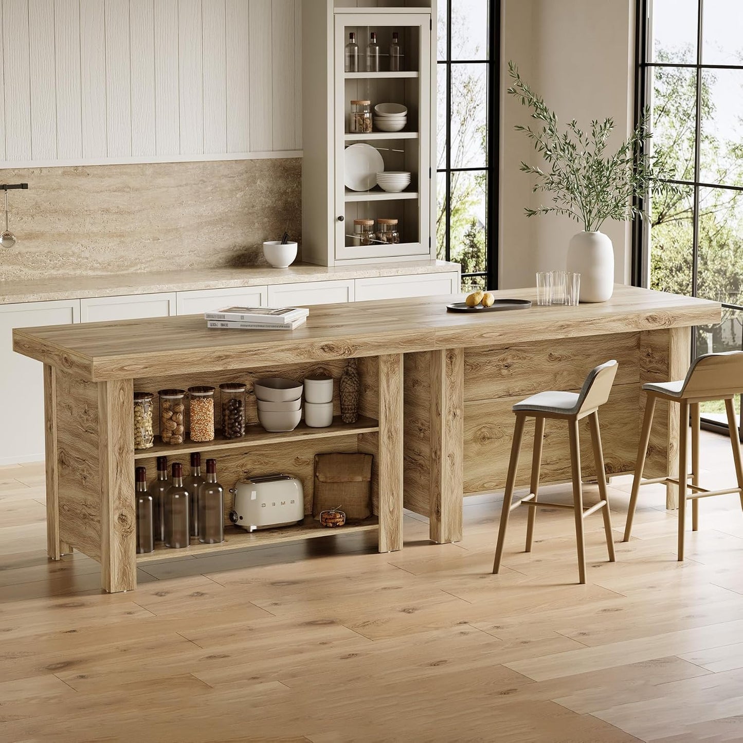 55 Inches Kitchen Island with Storage, 3-Tier Farmhouse Wooden Stationary Island Table with Large Worktop & Leg Room, Modern Coffee Bar Table with Storage Shelf for Kitchen, Oak