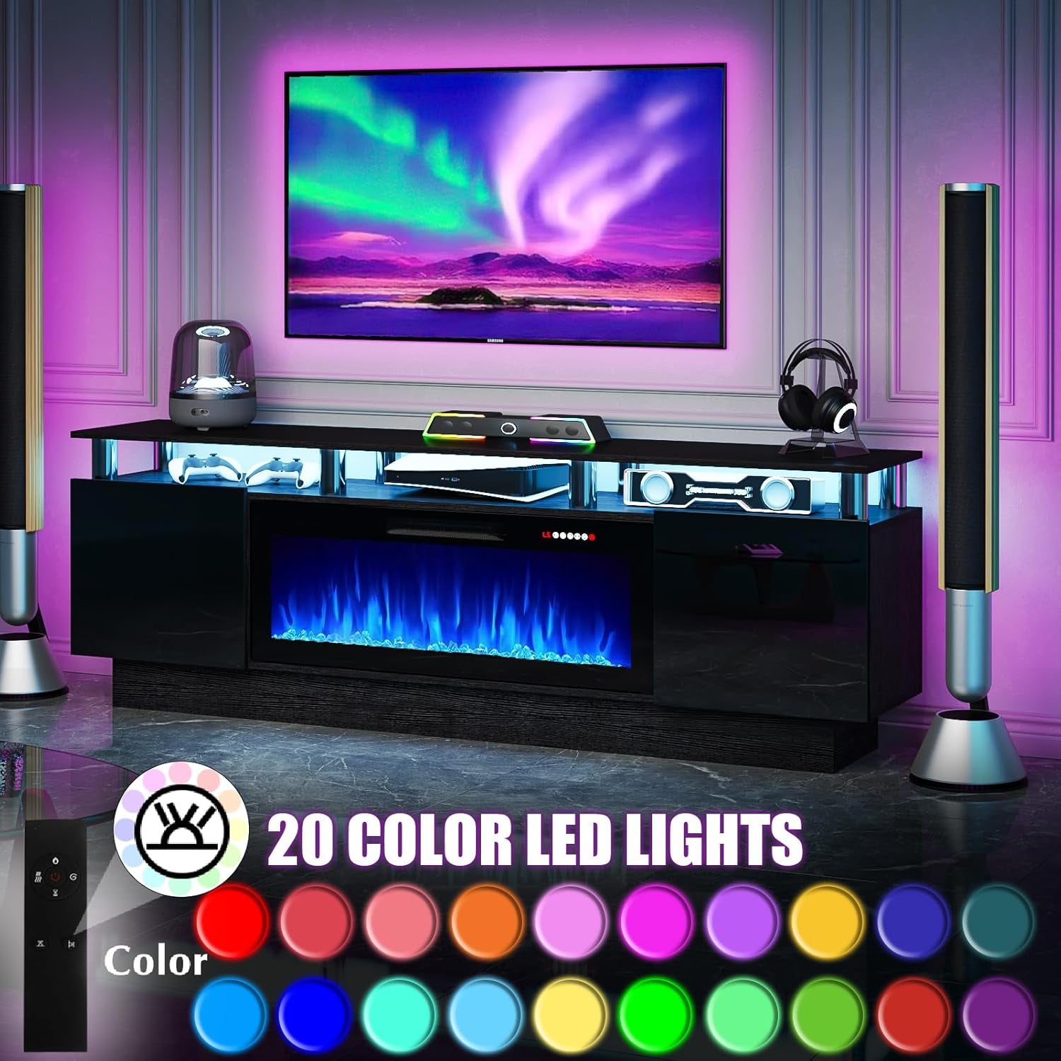 70" Modern Fireplace TV Stand with 36" Electric Fireplace for Tvs up to 80 Inch, Luxury LED Light Entertainment Center with High Gloss Cabinet, TV Consoles for Living Room, Black