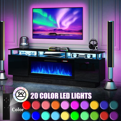 70" Modern Fireplace TV Stand with 36" Electric Fireplace for Tvs up to 80 Inch, Luxury LED Light Entertainment Center with High Gloss Cabinet, TV Consoles for Living Room, Black