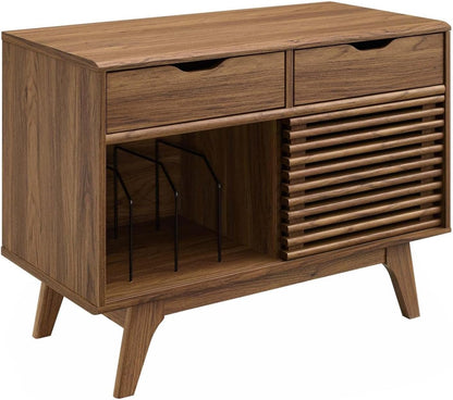 Render Mid-Century Modern Vinyl Record Storage Display Cabinet, 37 Inch, Walnut