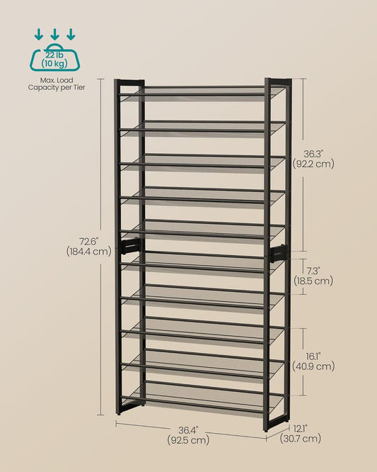 Shoe Rack, 10-Tier Shoe Organizer, Metal Rack for Garage, Set of 2, 5-Tier Stackable Shelf, with Adjustable Flat or Angled Shelves, 40-50 Pairs, Ink Black ULMR010B01