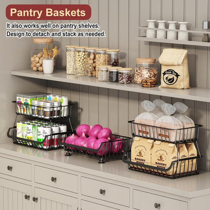 3-Tier Rolling Pantry Cart with Wheels, Stackable Wire Storage Floor Organizer for Kitchen Pantry Snack Shelves, Fruit Basket Stand, Vegetable Storage Rack for Food Snacks Onion Potato, Black, 2 Pack