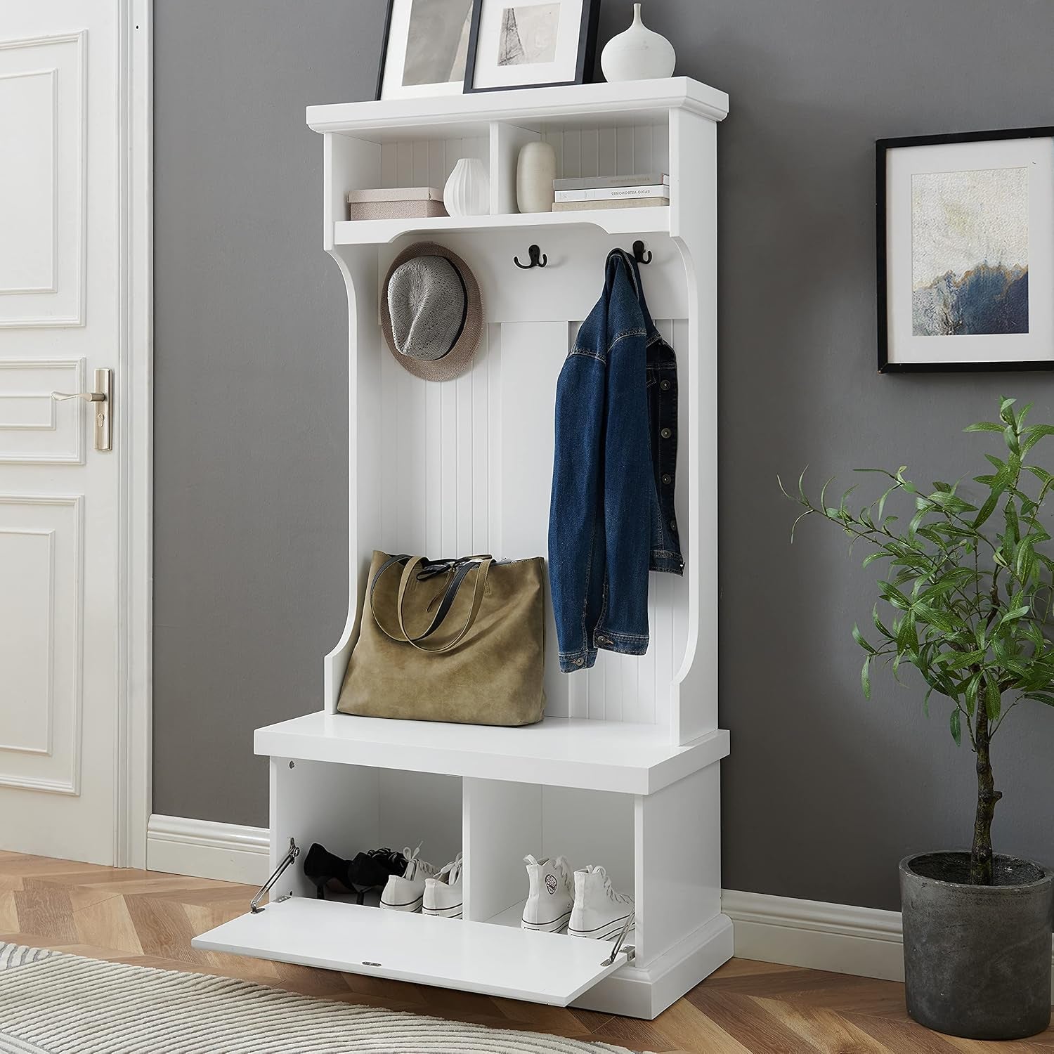 Shoreline Hall Tree with Storage Cabinets and Coat Rack Hooks for Hanging, White