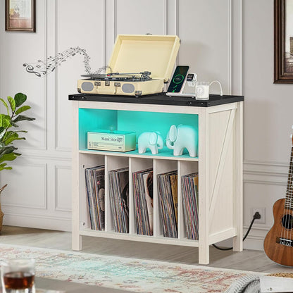 Large Record Player Stand with Charging Station & LED Lights, White Vinyl Record Storage Table Holds up to 230 Albums, Turntable Stand with Display Shelf for Music Room Bedroom Living Room