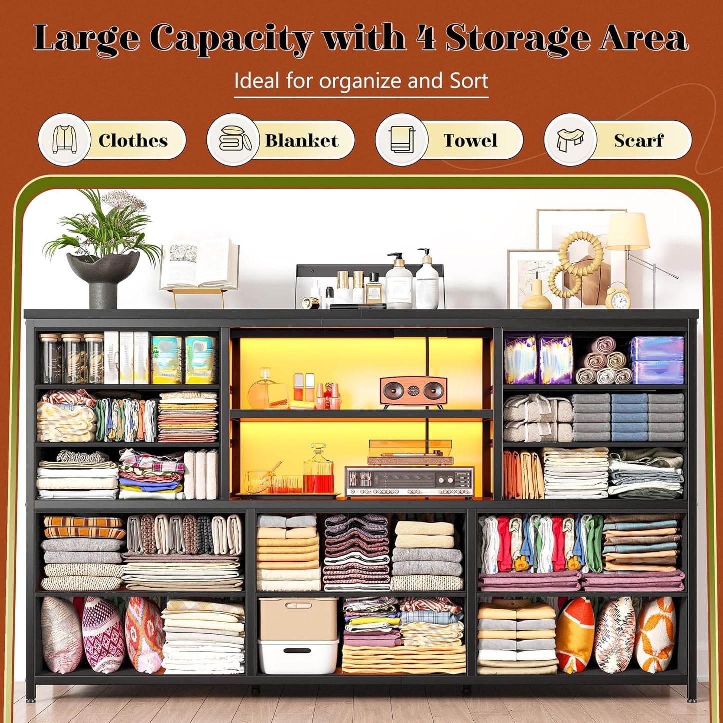 Black Dresser with LED Lights & Charging Station, TV Stand for 60'' TV, Wide Dressers & Chest of Drawers with Open Shelves, Living Room, Hallway, Study