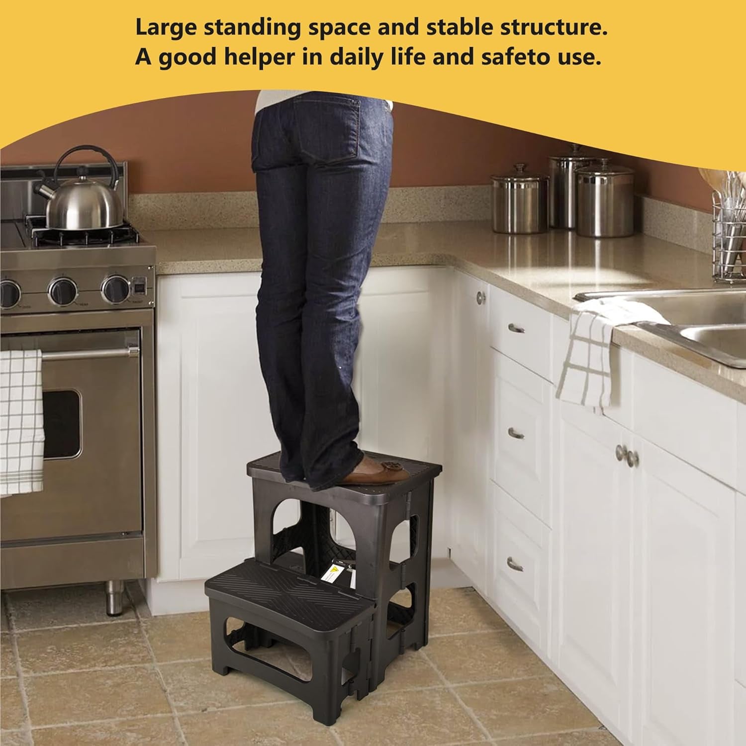 Folding 2-Step Stool, Non-Slip Portable Footstool 8'' & 17'' Dual Heights, Holds 300 Lbs, Portable Footstool for Kitchen Home Toilet Bedroom Office Bathroom Rv(Black)