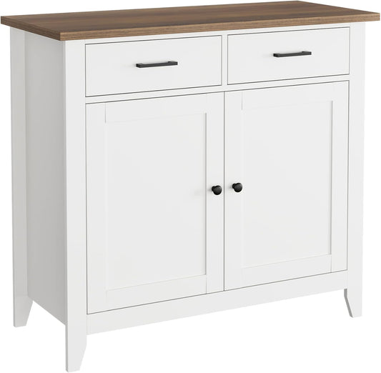Kitchen Storage Cabinet, Modern Farmhouse Buffet Cabinet with Storage, Coffee Bar with 2 Drawers and 2 Doors, Floor Sideboard Buffet for Living Room, Dining Room, Bathroom, Ivory White