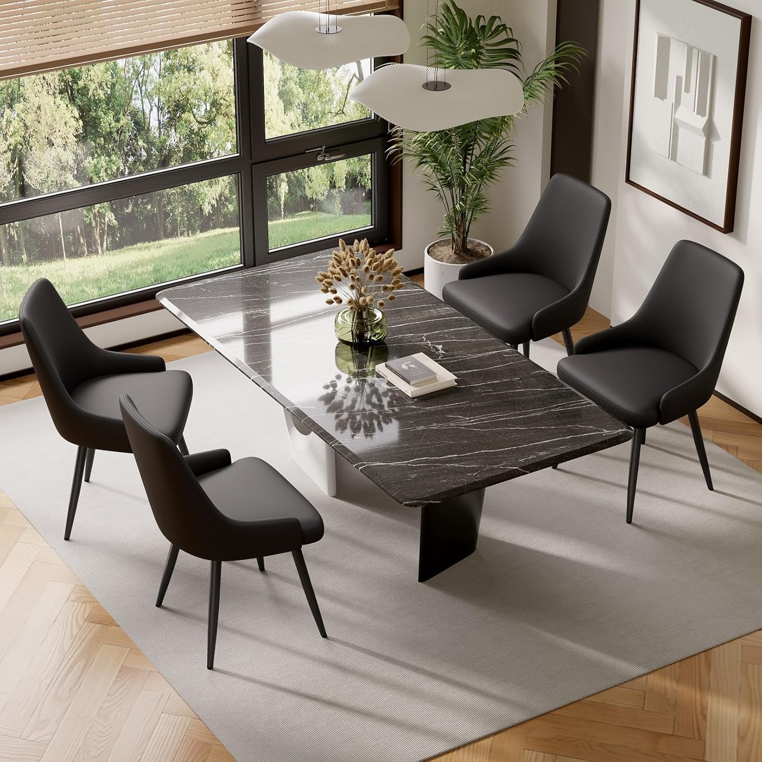 Modern Dining Chairs Set of 6, Spacious Comfortable Dining Room Chairs, Faux Leather Upholstered Dining Chairs with Thick Cushion for Dining Room, Black
