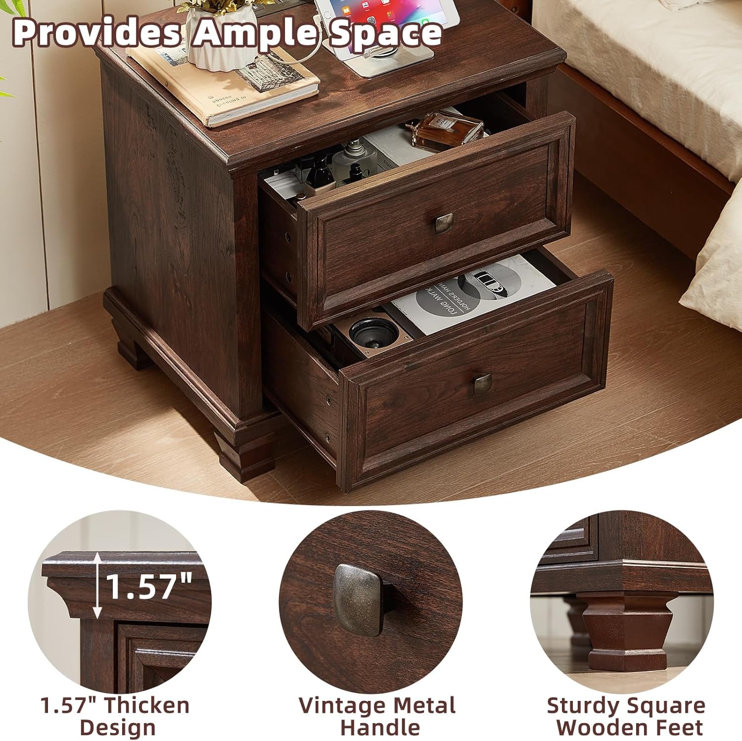 Farmhouse Nightstand with Charging Station, Rustic Low Night Stand with 2 Drawers, Mid-Century Modern End Table with 4 Square Solid Wood Legs, Small Dresser for Bedroom, Home, Walnut