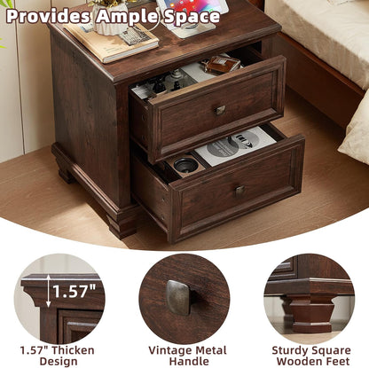 Farmhouse Nightstand with Charging Station, Rustic Low Night Stand with 2 Drawers, Mid-Century Modern End Table with 4 Square Solid Wood Legs, Small Dresser for Bedroom, Home, Walnut