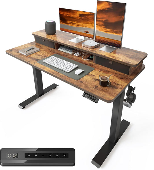 48 X 24 Inch Electric Height Adjustable Standing Desk with Double Drawers, 4 Adjustable Feet & 2 Hooks, Home Office Computer Workstation, Rustic Brown