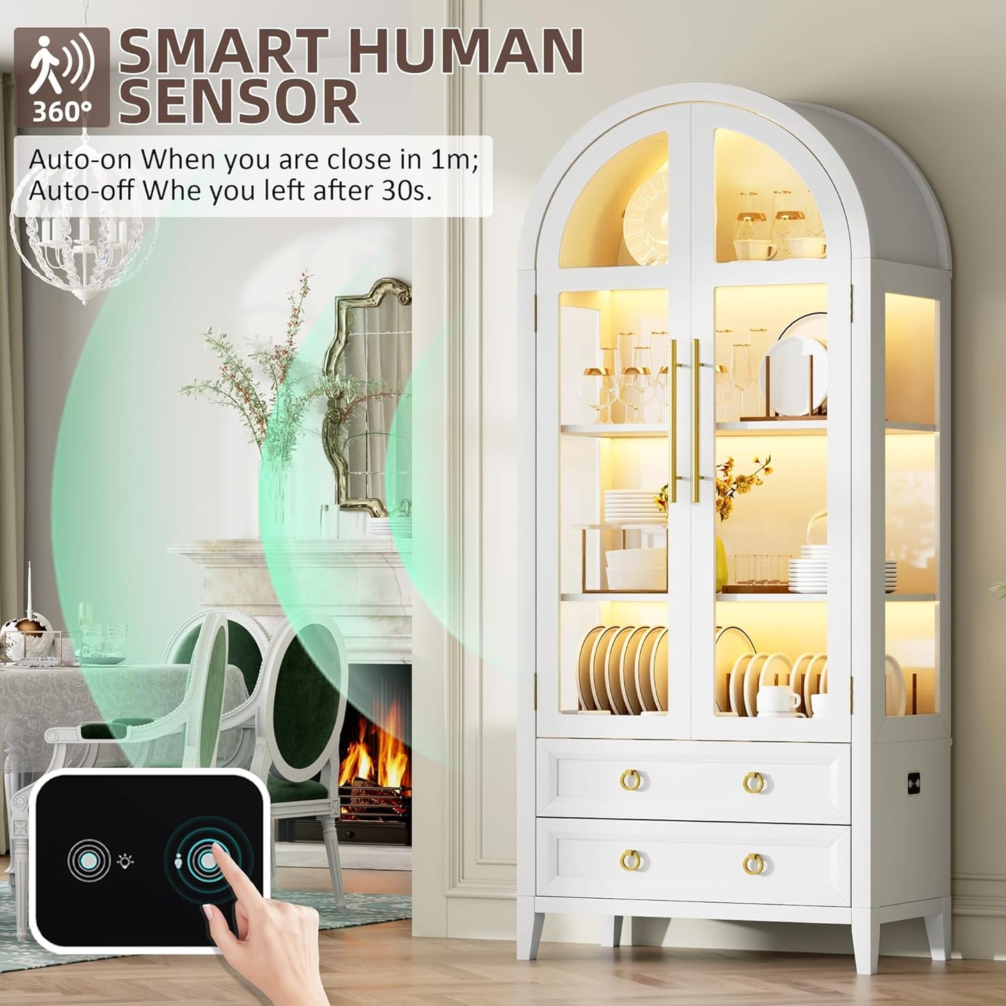 71 Inch Arched Curio Cabinet, 4-Tier Display Cabinet and 2 Drawers, Tall Bookcase with 3 Color Lights, Display Case with Glass Doors, Kitchen Pantry, White