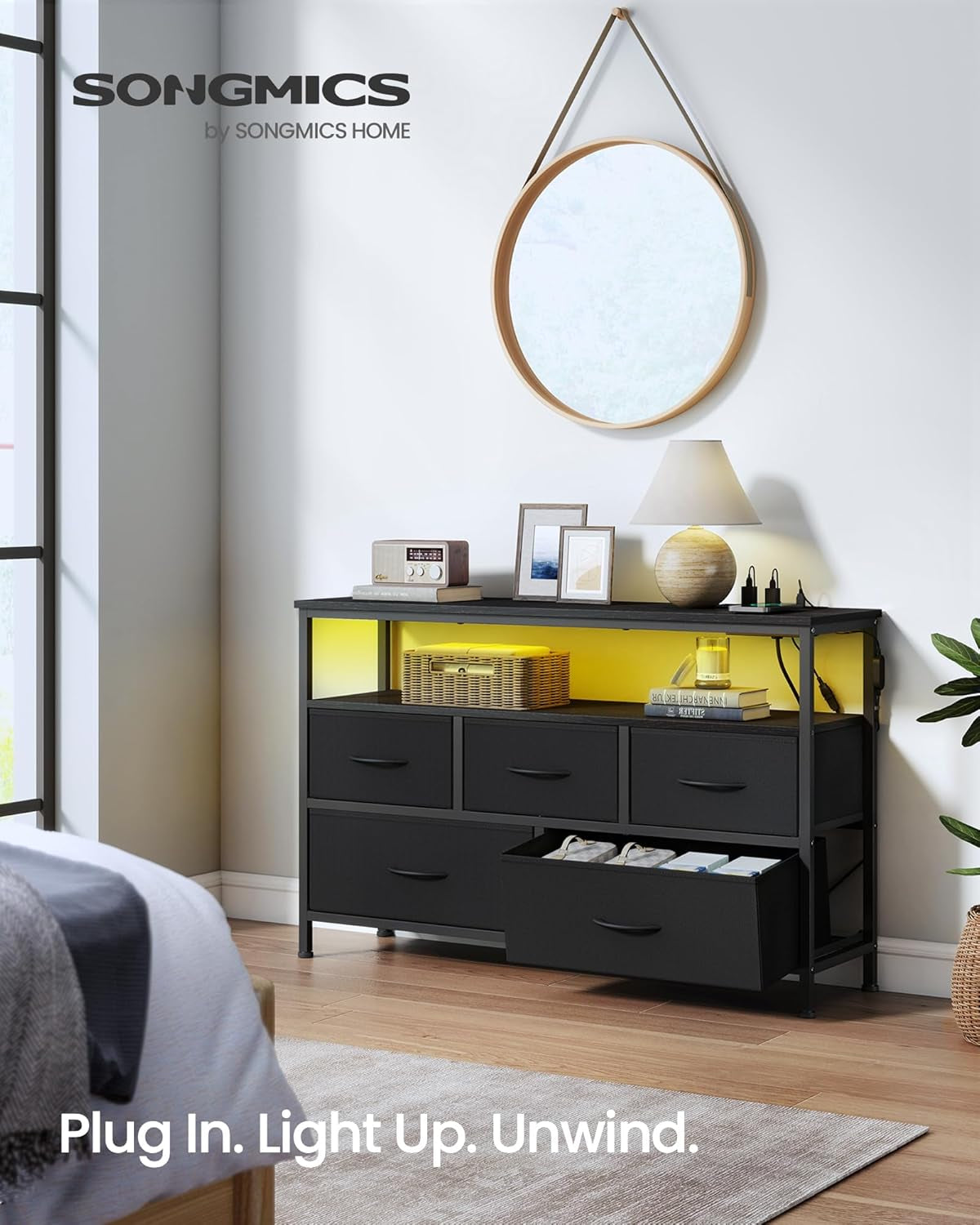 BELLAH Collection - Dresser for Bedroom with App-Controlled LED Lights and Charging Station, Chest of Drawers, TV Stand, 5 Drawers, Shelf, Modern, Ink Black ULGS723BH02S