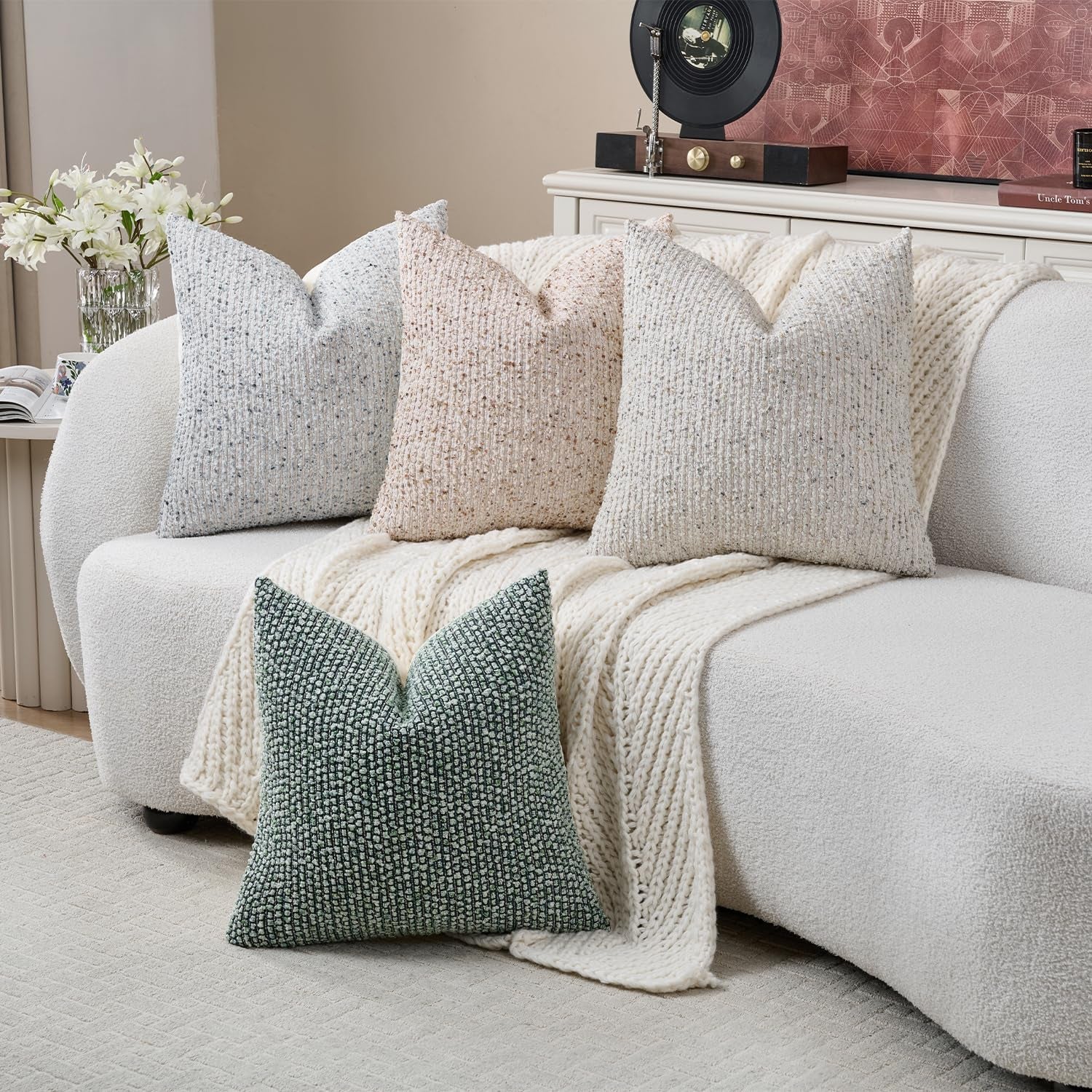 Striped Throw Pillow Covers 18X18 Set of 2 Cream Grey Textured Boucle Chic Morden Boho Accent Farmhouse Square Decorative Couch Pillow Covers for Home Decor Bed Sofa Living Room