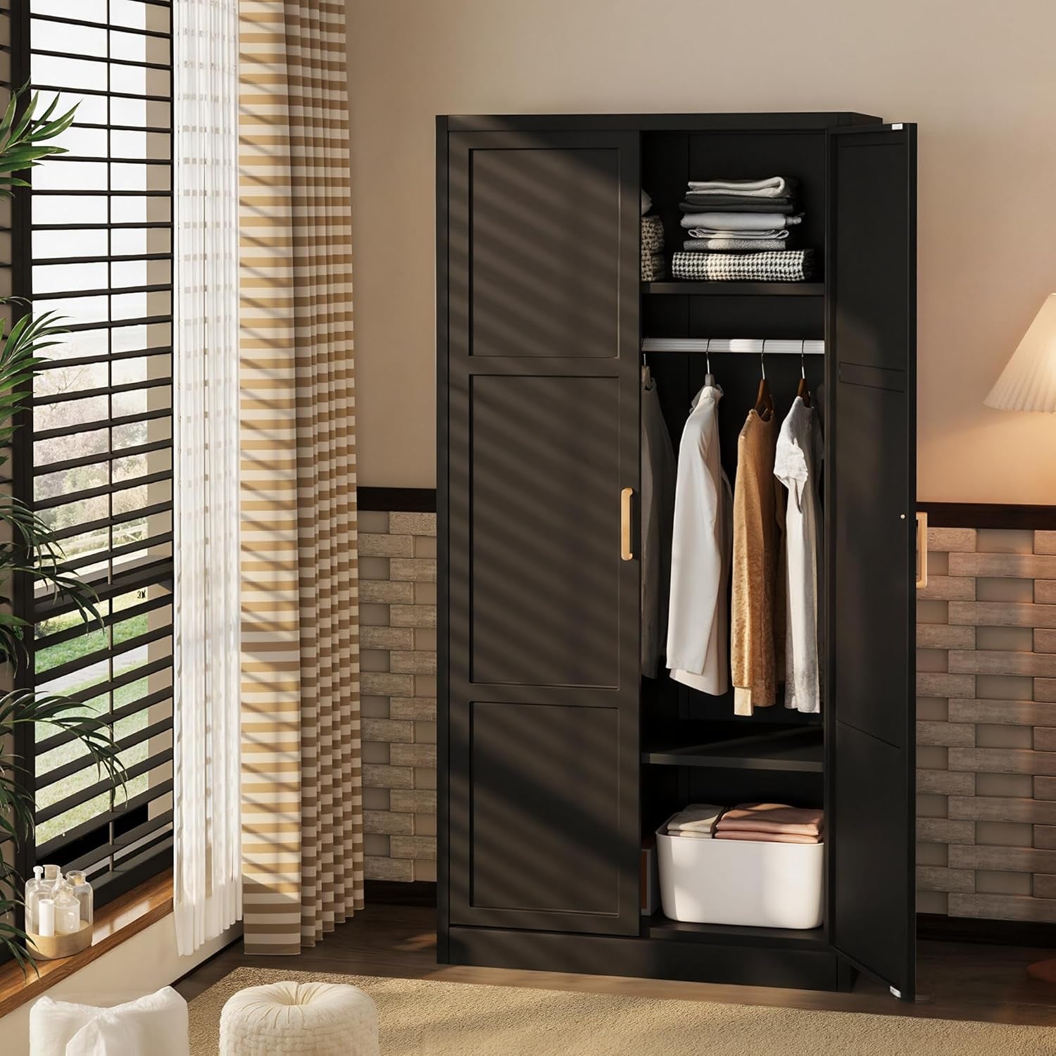 Metal Storage Cabinet with Hanging Rail, Black Armoire Wardrobe Closet with 2 Doors,71" H Storage Closet Cabinets with Adjustable Shelves and Removable Hanging Rods