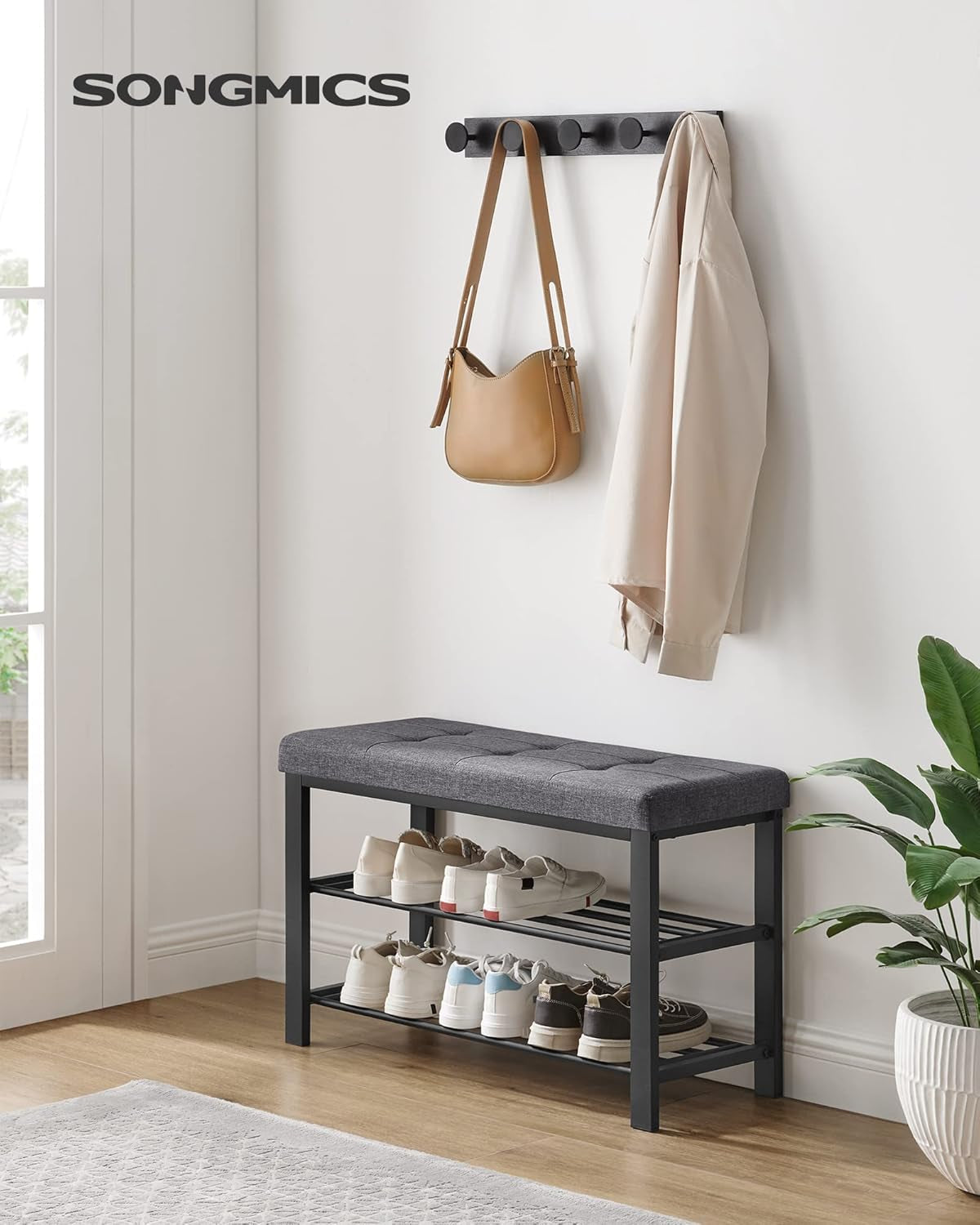 Shoe Bench, Storage Bench, Entryway Bench with Cushion, Shoe Shelf with Seat, Space-Saving, Modern Style, for Living Room, Bedroom, Hallway, Dark Gray and Ink Black ULBS57GYZ