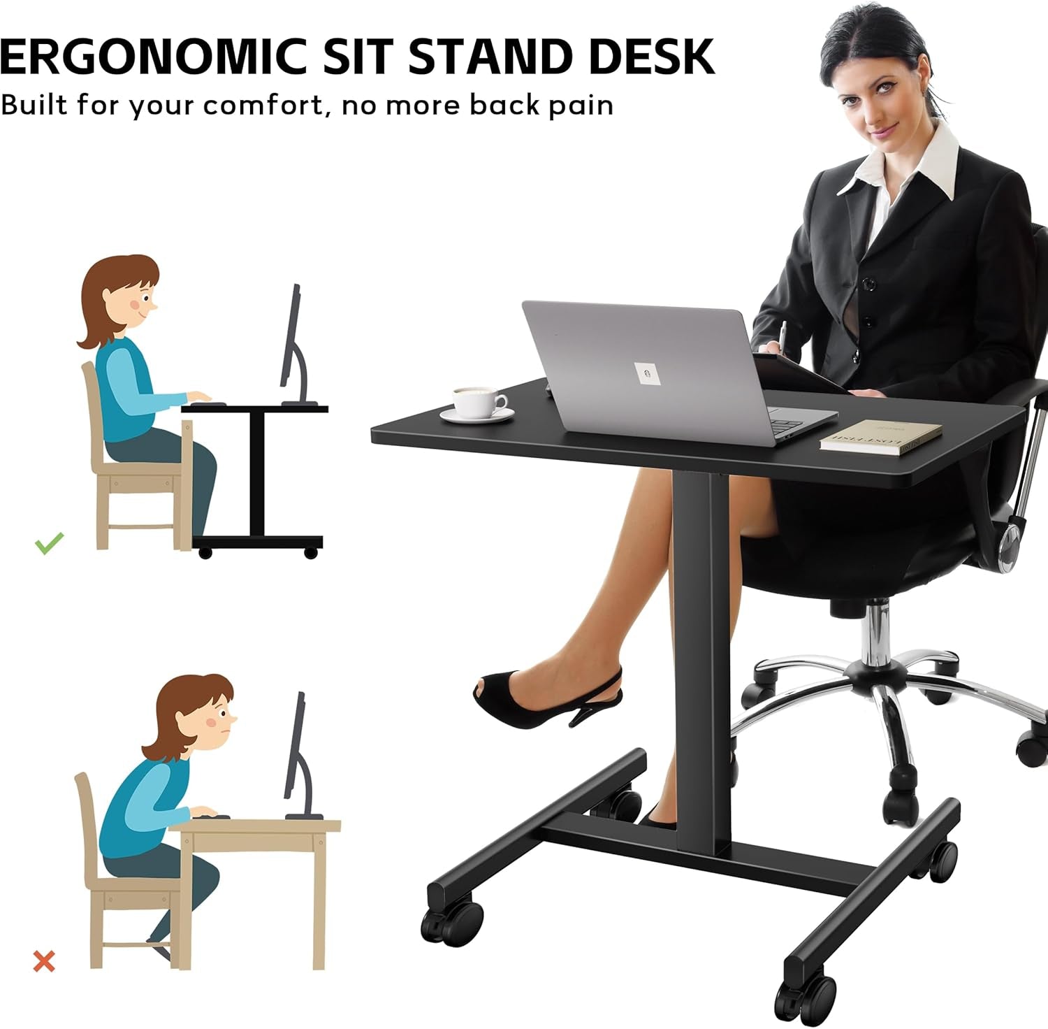 Mobile Laptop Standing Desk Adjustable Height, Small Mobile Desk Workstation with Wheels, Portable Rolling Computer Desk Cart for Home Office Classroom (Black)