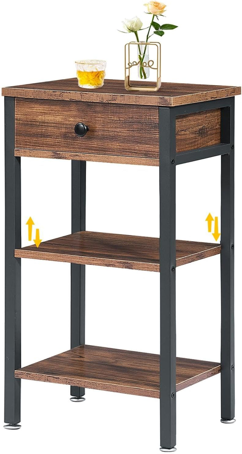 Tall End Side Table,Nightstand with Adjustable Shelf and Bin Drawer for Living Room/Bedroom/Entryway Small Spaces