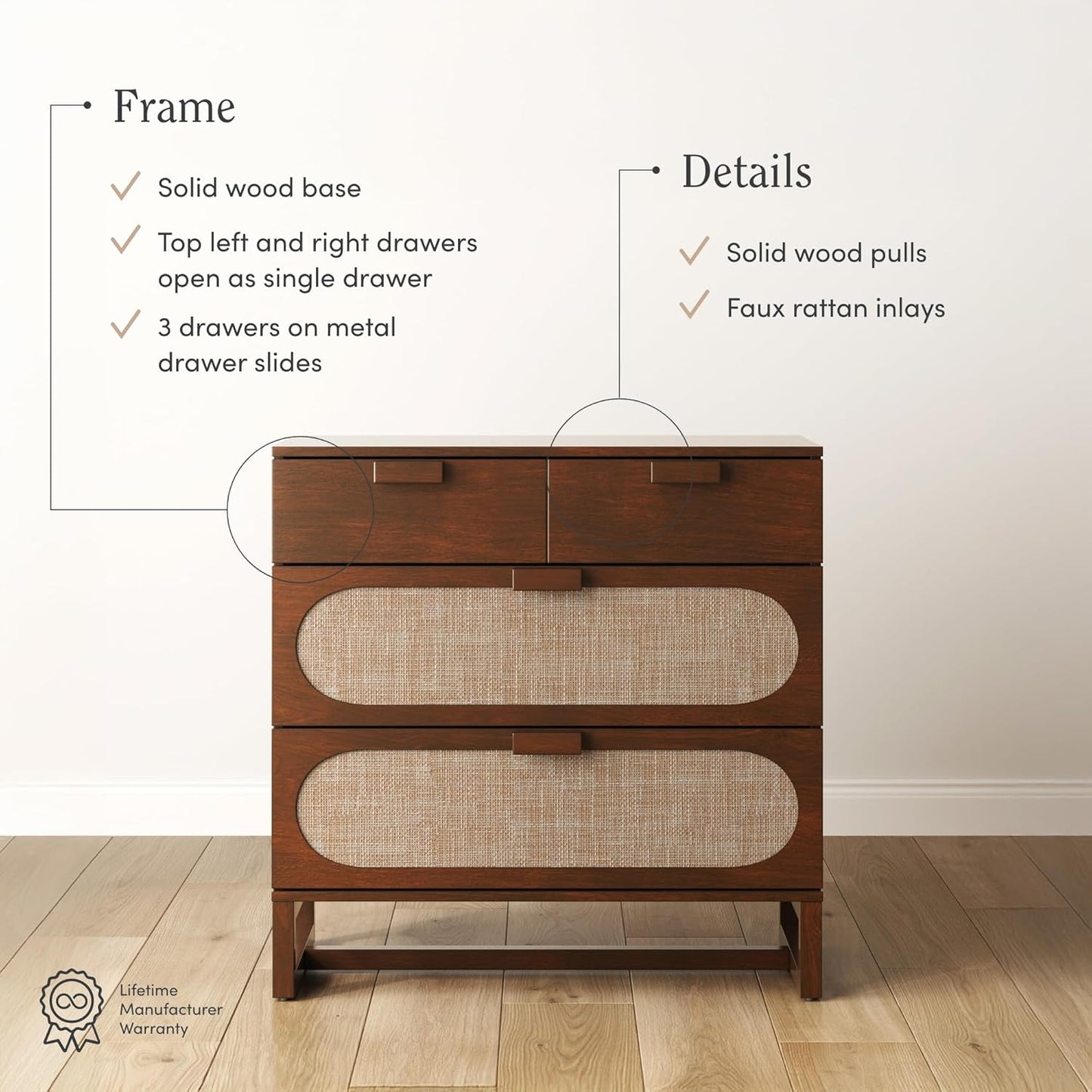 Paxton Mid-Century Modern Dresser for Bedroom, 3-Drawer Dresser with Solid Wood Frame and Textilene Rattan Accent, Dark Walnut