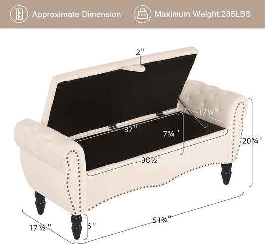 Storage Ottoman Bench for Bedroom, Upholstered End of Bed Bench with Solid Wood Legs Modern Shoe Storage Bench Indoor Bench for Living Room Entryway Bench Furniture,Beige, Linen