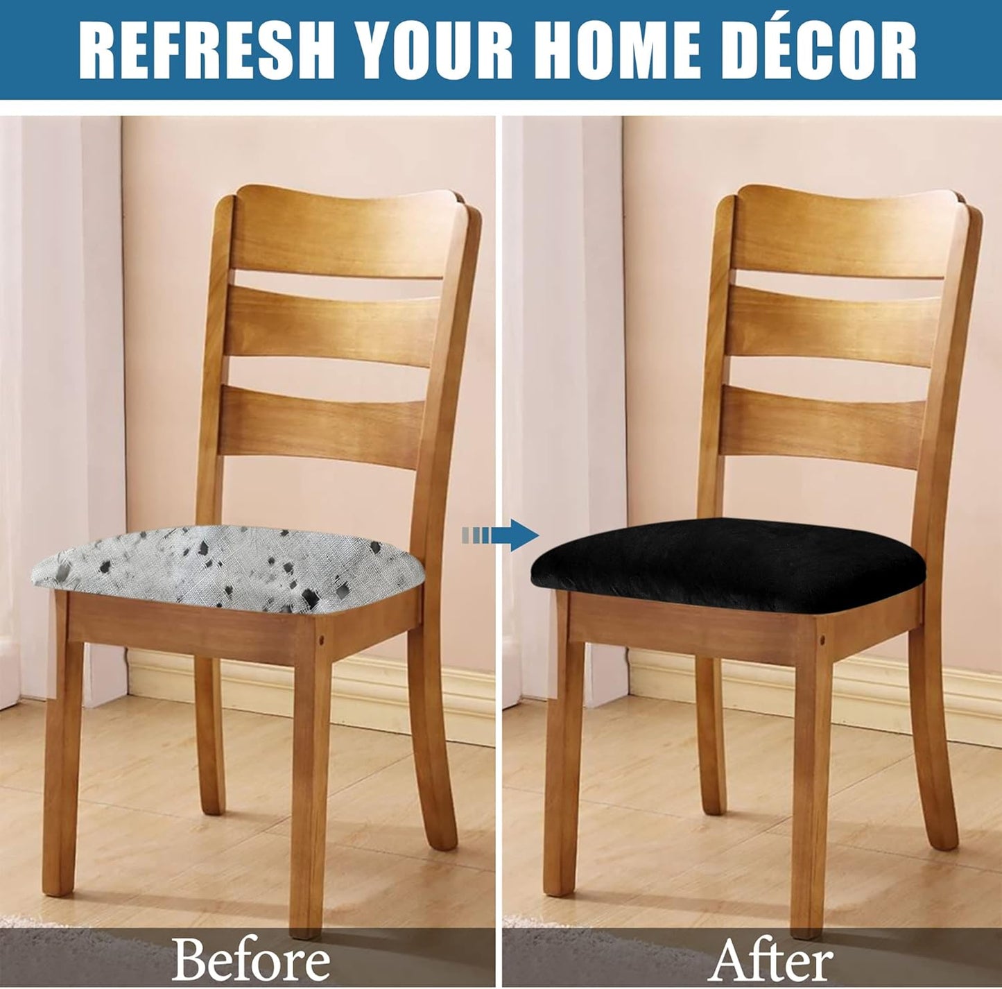 Velvet Seat Covers for Dining Room Chair Set of 4, Stretch Fit Removable Washable Chair Seat Cushion Protector Slipcovers with Ties, Black
