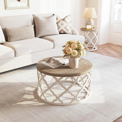 Farmhouse Coffee Table, French Country round Coffee Table, Coastal Coffee Table with Distressed Top, Boho Coffee Table with Curved Motif Frame Base for Living Room, Dining Room, Bedroom