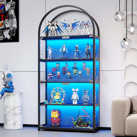 Display Arched Cabinet with Glass Doors, Curio Cabinet for Labubu Display 5-Tier Display Case with 7 Color RGB Lights for Collectibles, Display Cases for Book/Medal/Figure