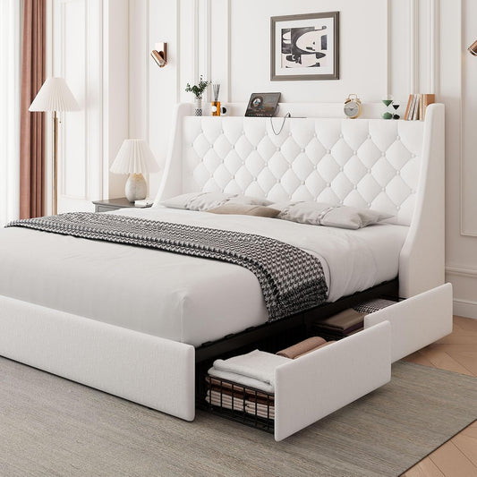 Upholstered Full Size Bed Frame with 4 Storage Drawers, Charging Station, Tufted Wingback Storage Headboard, No Box Spring Needed, Easy Assembly, White