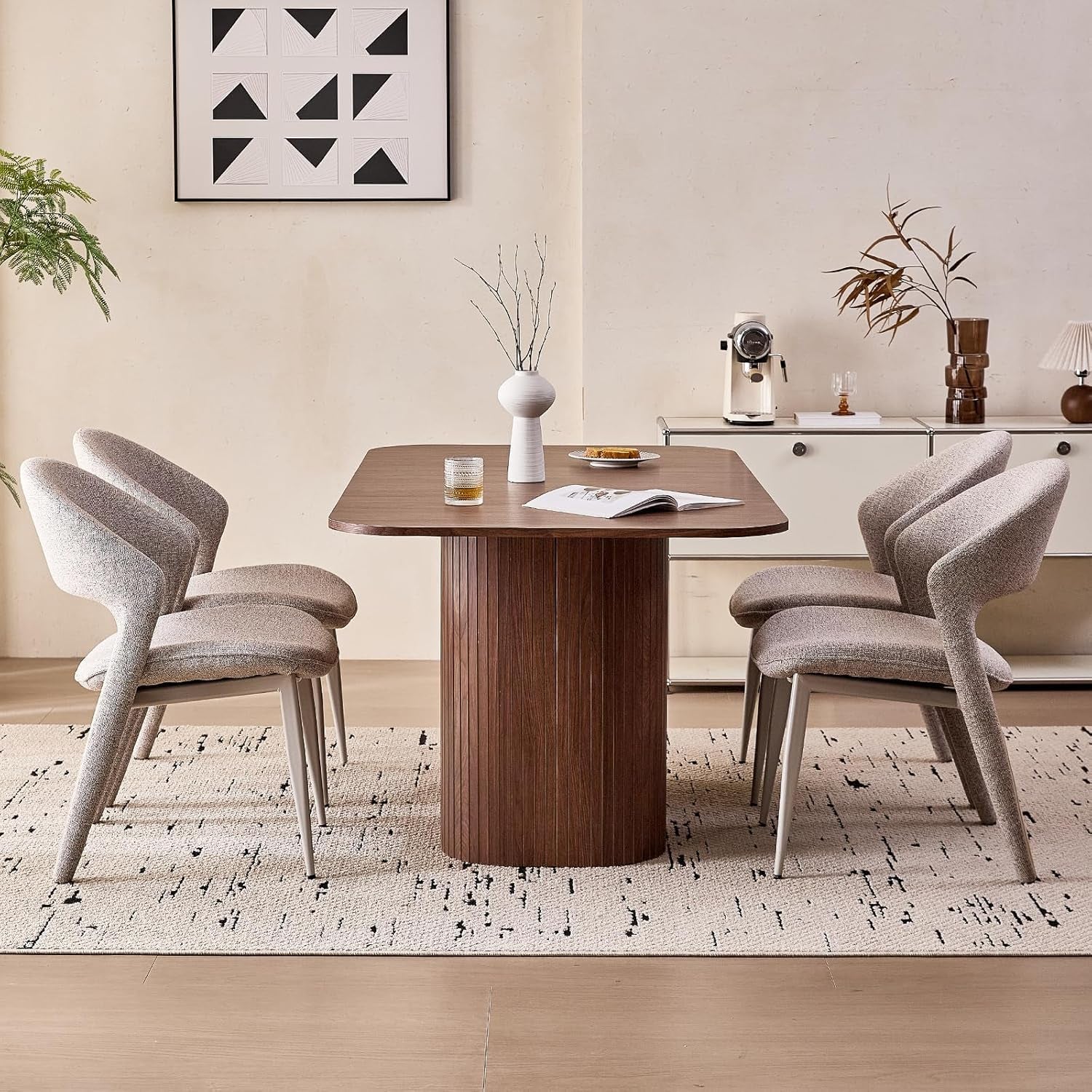 63" Large Dining Table for 4 6 Person, [Rounded Corners] [Wood Strip Pedestal Base] Farmhouse Modern Rectangle Kitchen Dinner Table