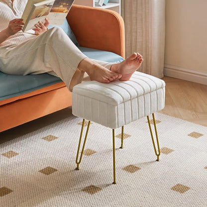 Stool Chair with Storage Space, Footrest Footstool Ottoman, Small Side Table, with 4 Metal Legs, with Anti-Slip Feet, for Makeup Room, Bedroom, White, Faux Fur LG-50W