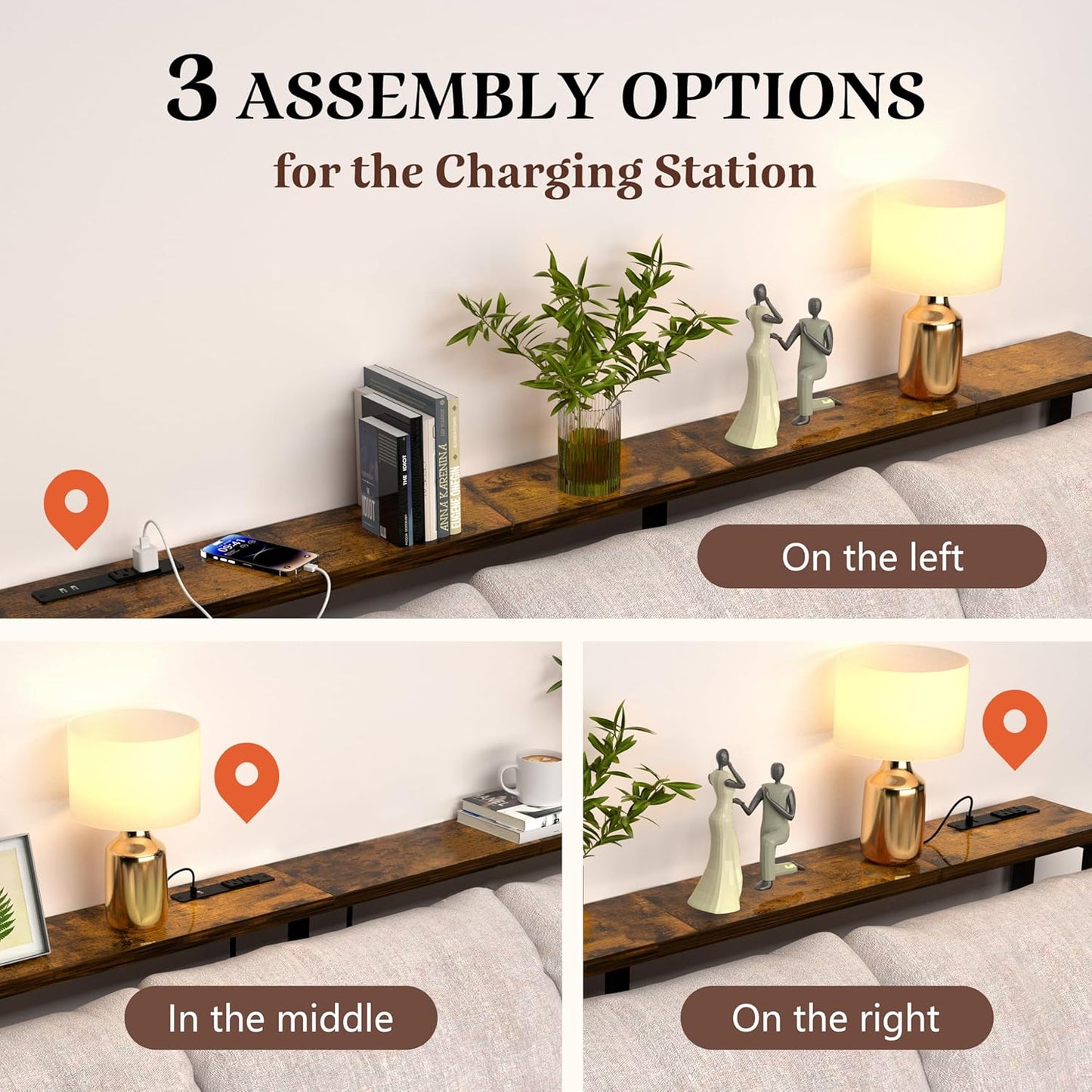 78" Sofa Table with Built-In Power Strip (2 AC Outlets & 2 USB Ports) – 4.9Ft Power Cord, Metal Frame, Easy Assembly, Long Couch Table behind Sofa, Living Room and Home Office | Rustic Brown