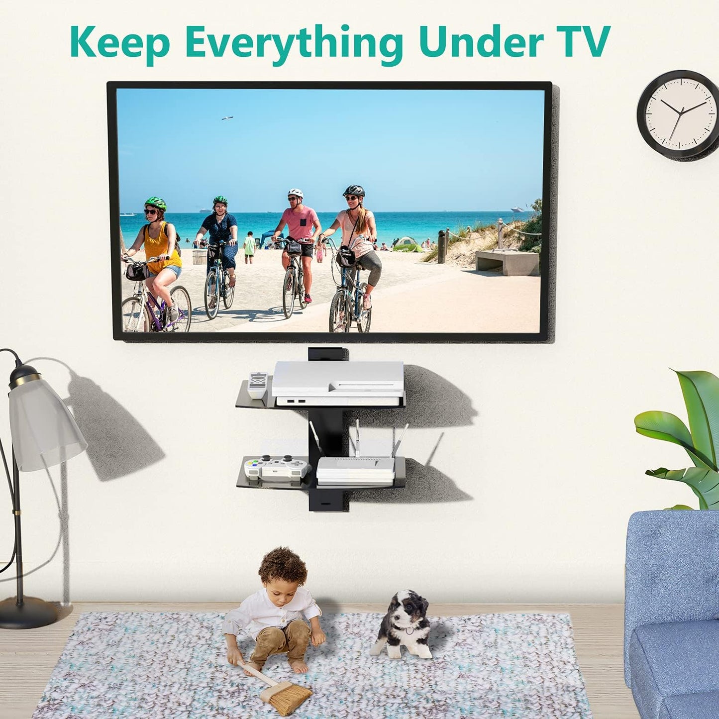 Floating Entertainment Center Shelves, Holds up to 17.6Lbs, TV Shelf with Strengthened Tempered Glasses for DVD Players, Cable Boxes, Games Consoles, TV Accessories (CS202B), 2 Shelf, Black