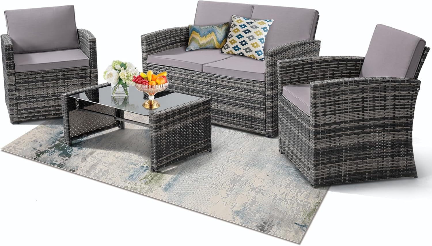 4-Piece Patio Furniture Set, Wicker Outdoor Rattan Sectional Sofa with Cushions and Glass Table, All-Weather Outdoor Conversation Set for Garden, Porch, Backyard, Patio, Light Grey