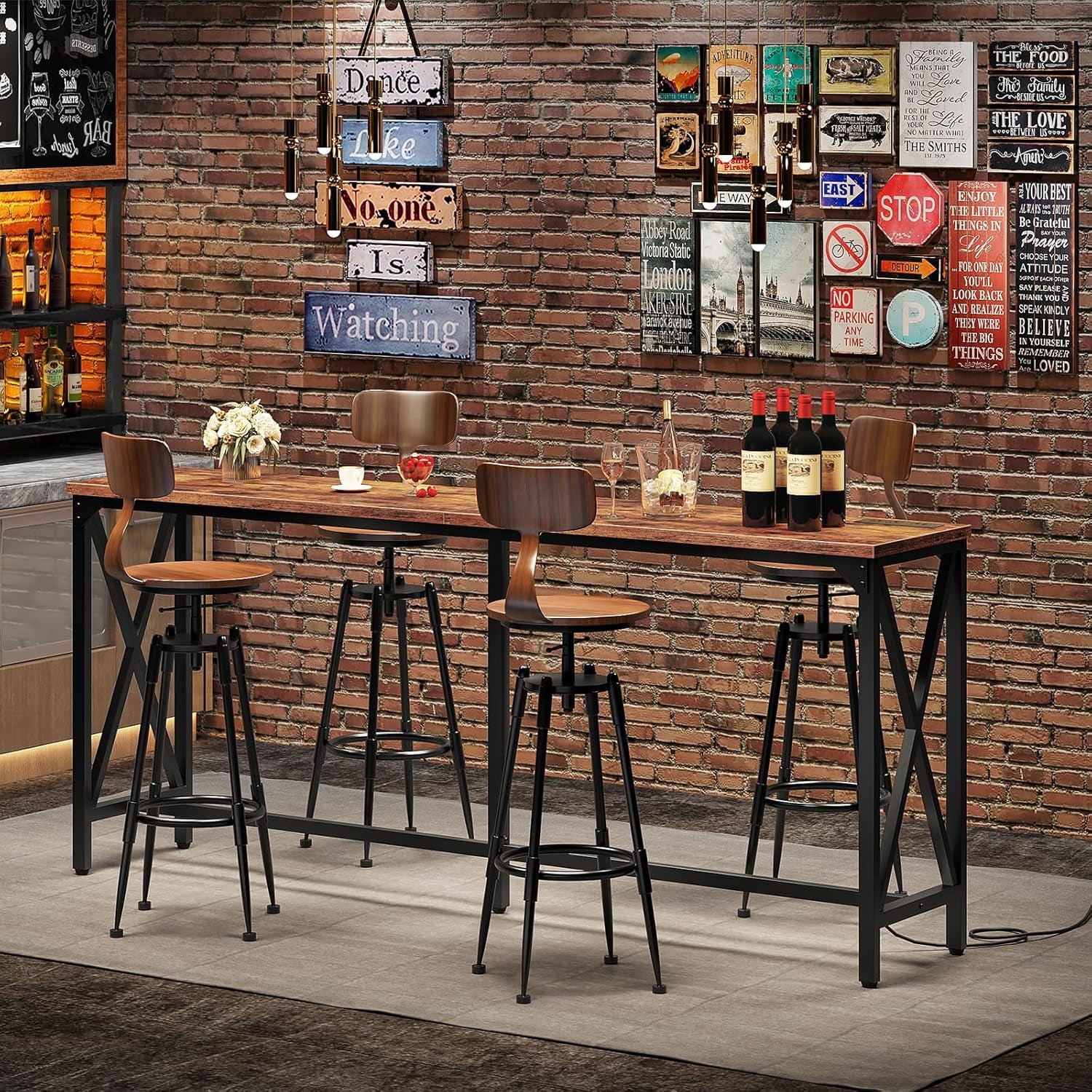 70.9'' Bar Table, Kitchen Dining Table with Power Outlet and Footrest, Industrial Style, for Pub, Living Room, Rustic Brown and Black TBT08UBF