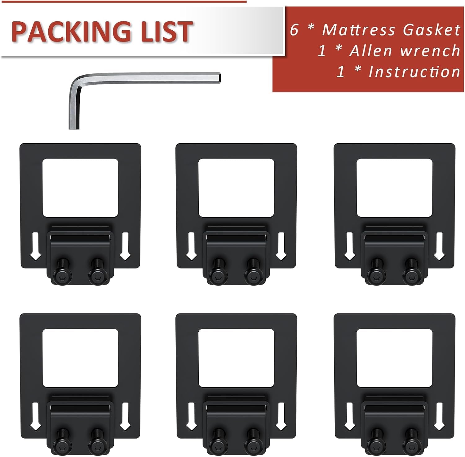 6-Pack Non-Slip Mattress Grippers for Metal Bed Frame, Heavy Duty Mattress Gaskets, Adjustable Anti-Slide Brackets, Black – Includes Screws & Allen Wrench