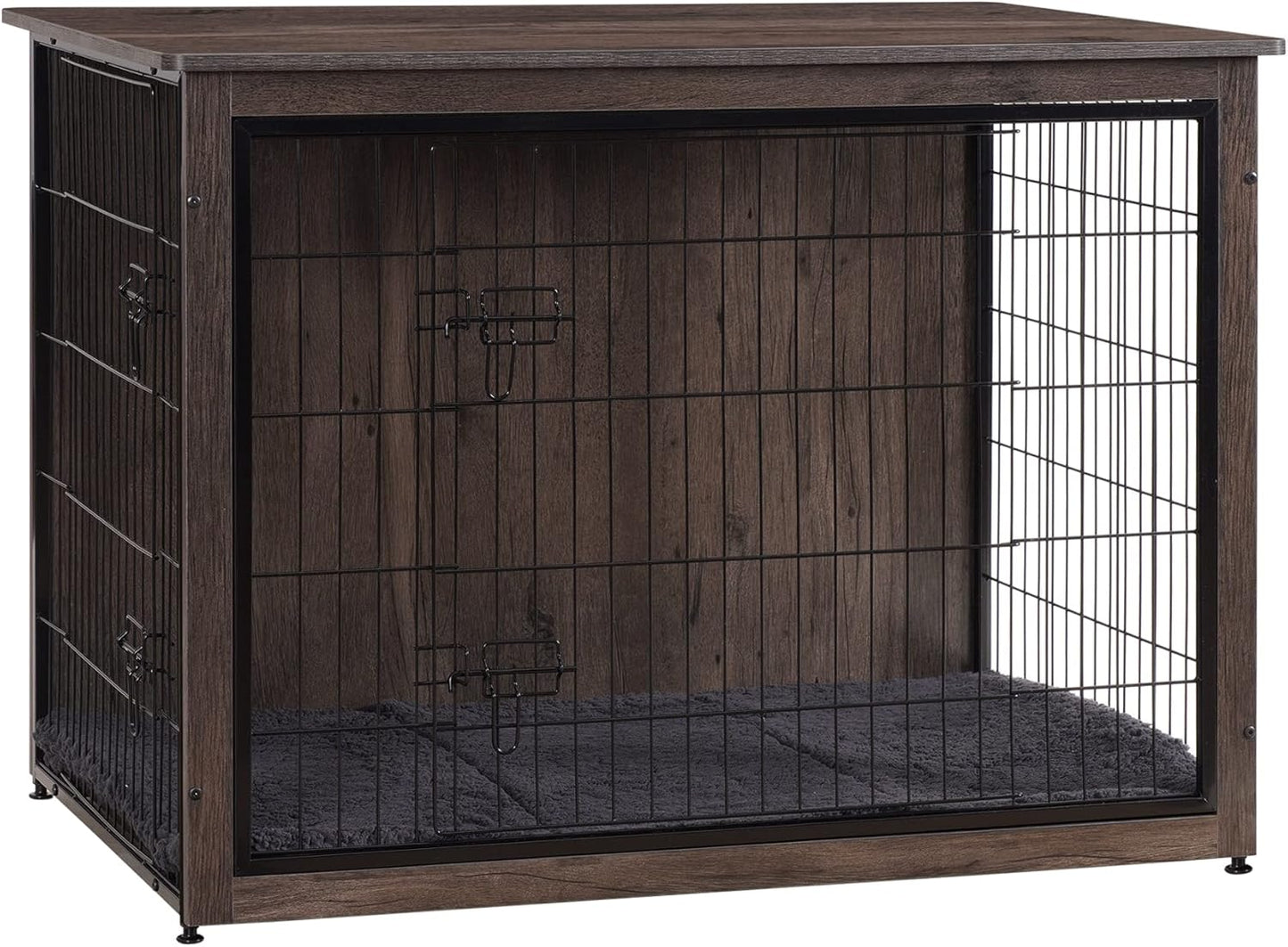 Dog Crate Furniture with Cushion, Wooden Kennel Table with Double Doors, Indoor Dog House, Extra Large Size, 43.3" L, Dark Gray