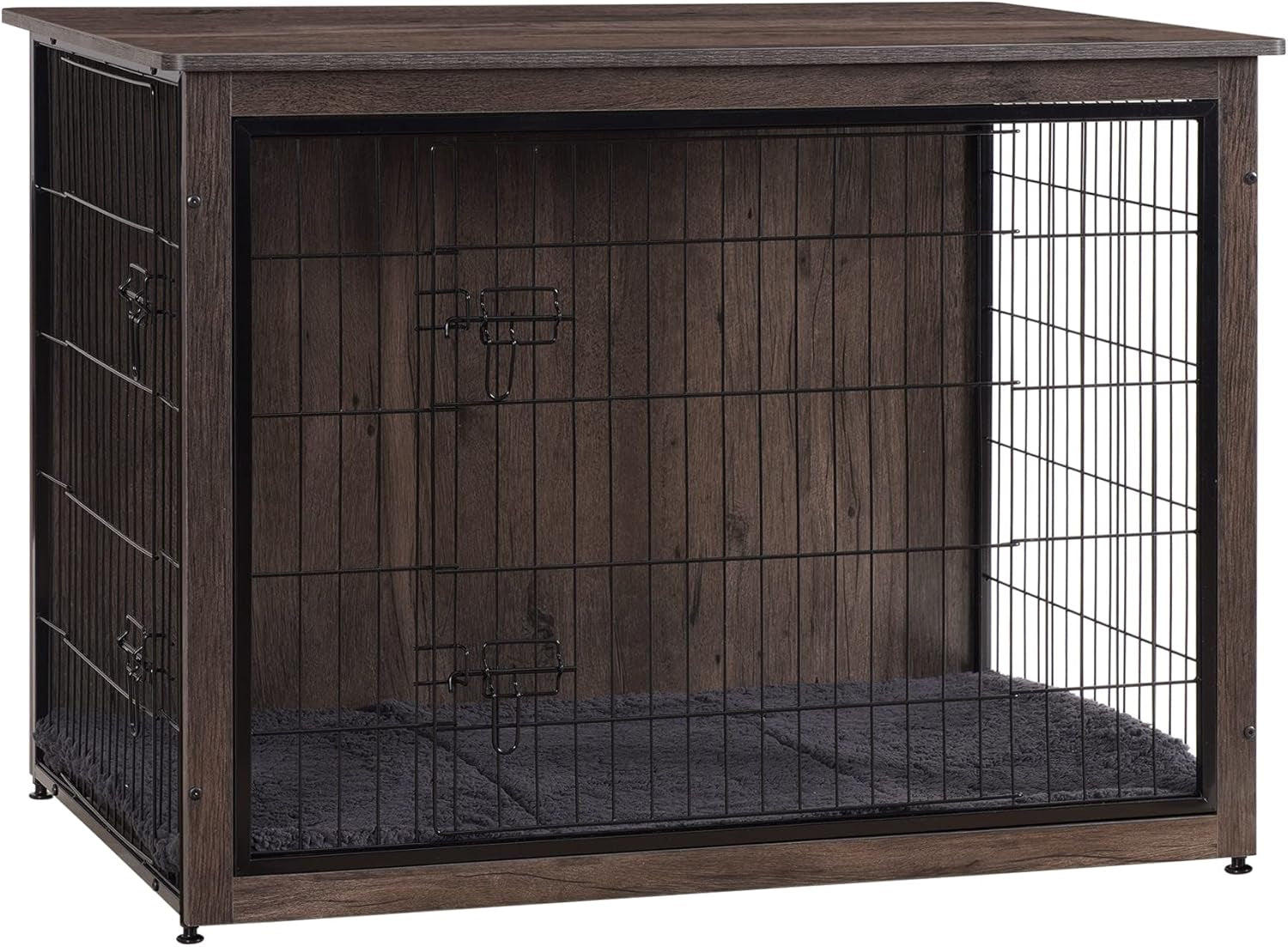 Dog Crate Furniture with Cushion, Wooden Kennel Table with Double Doors, Indoor Dog House, Extra Large Size, 43.3" L, Dark Gray