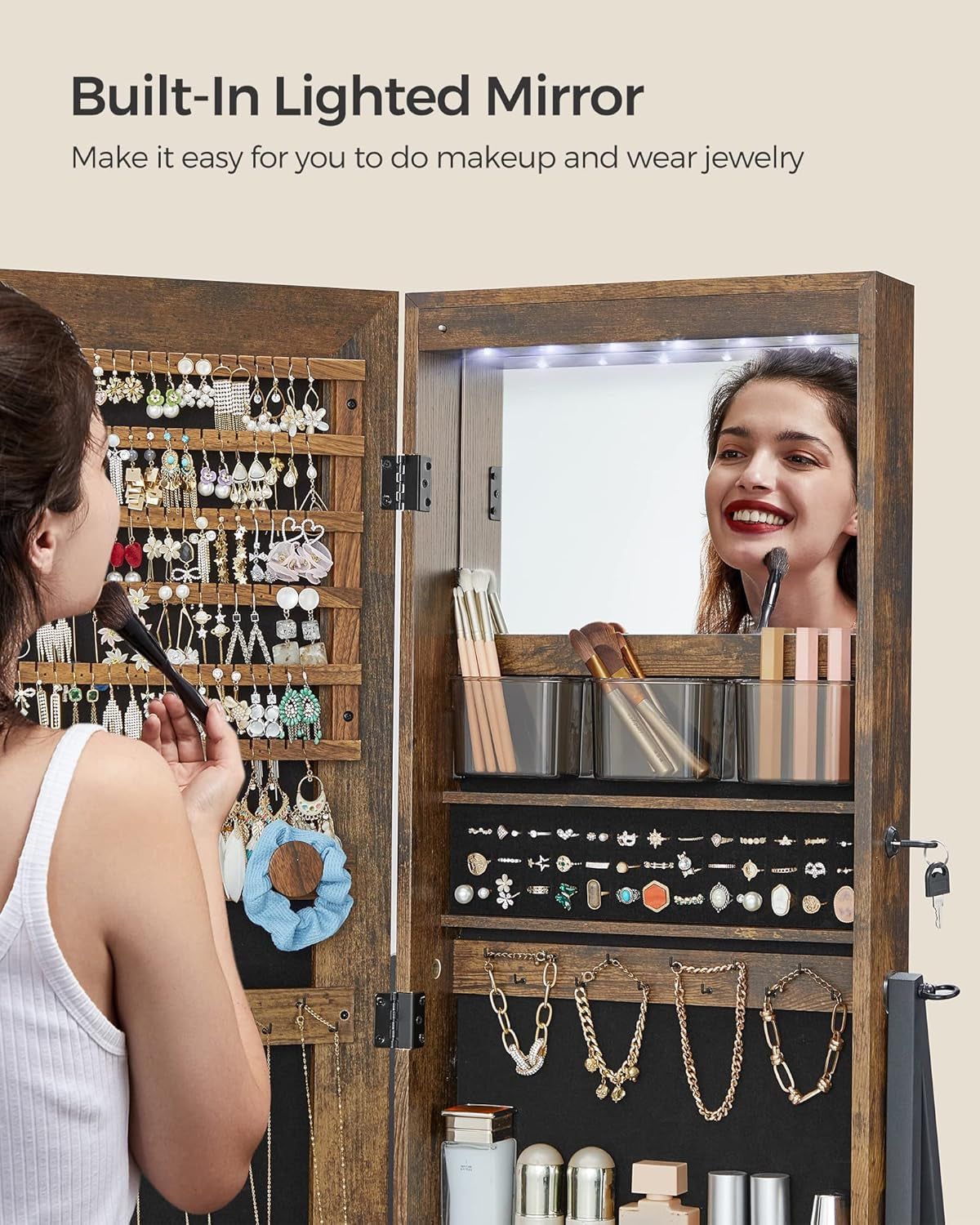 LED Cabinet Standing, Lockable Jewelry Armoire with Full-Length Mirror, Space-Saving Jewelry Organizer with Mirror, Bottom Drawer and Shelf, Gift Idea, Rustic Brown UJJC025X01