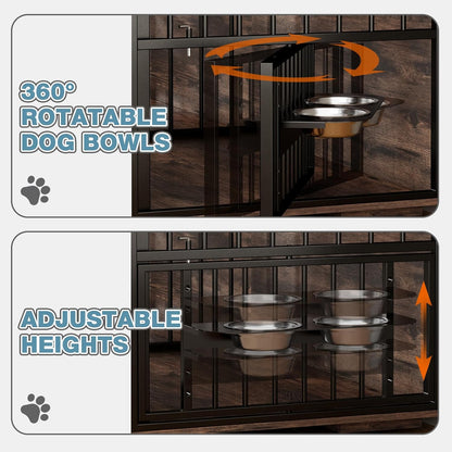 86.6" Large Double Dog Crate Furniture,Heavy Duty Metal Frame Dog Crate Kennel Sliding Doors,Chew-Resistant Dog Kennel for 2 Dogs with Bowls&Divider&Drawers Indoor