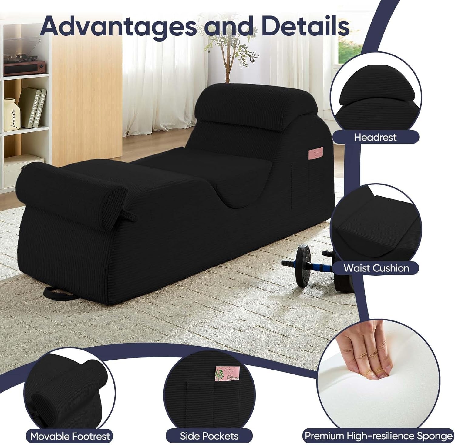 25" Wide Corduroy Yoga Chair, Yoga Lounge Chair for Adults, Chaise Lounge Chair Indoor/Yoga Lounger with Headrest, Waist Cushion, Movable Footrest, Side Pockets, High Density Sponge-Black
