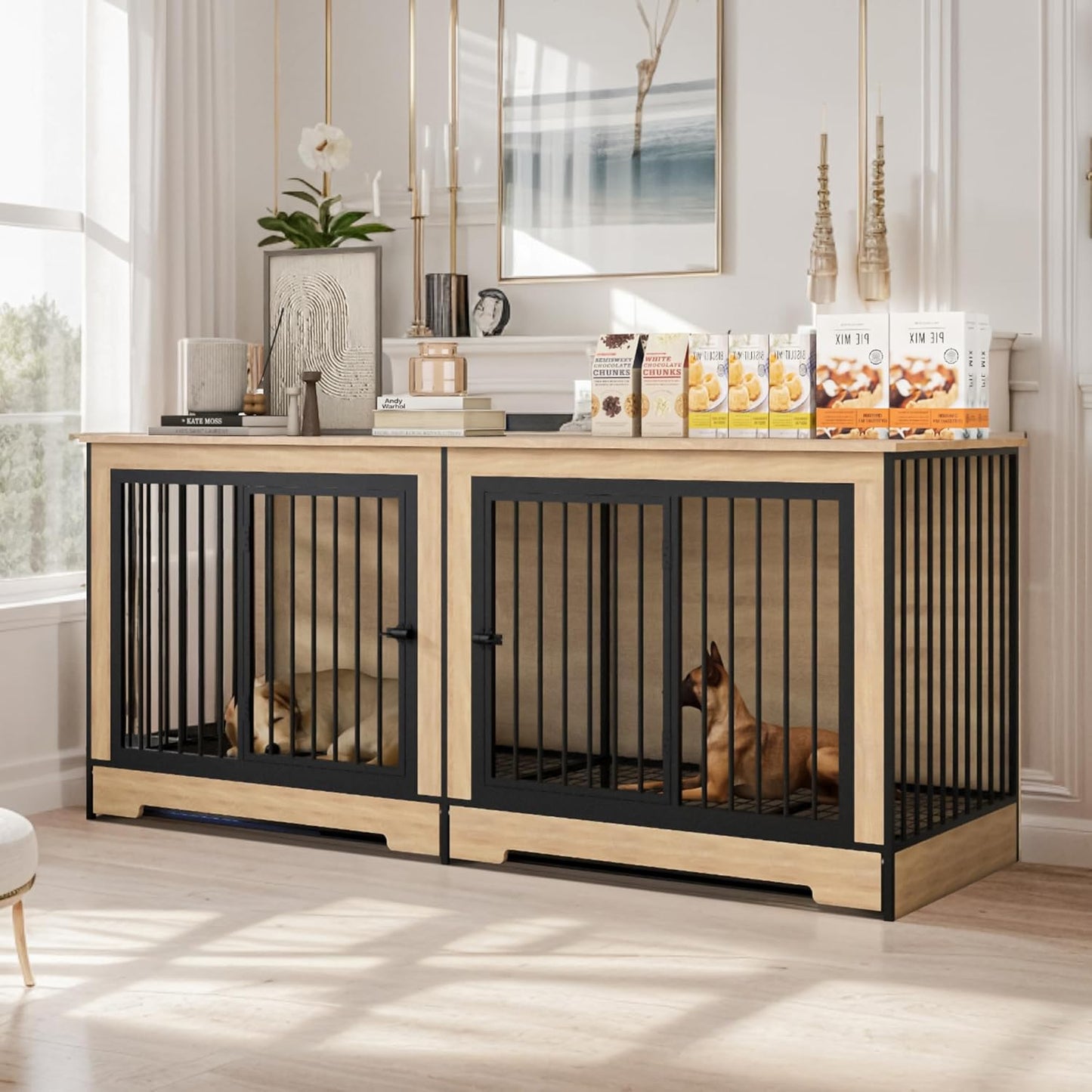 74.8" Large Dog Crate Furniture, Heavy Duty Dog Kennel House with 2 Removable Trays and Divider, Double Doors & Locks Design, Indoor Wooden Dog Crates TV Stand (Black+Natural, 74.80" L)