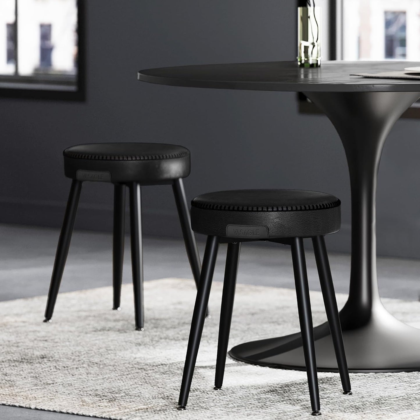 EKHO Collection - Dining Chairs Stools Set of 2, Upholstered Kitchen Chairs, Vanity Stools, Synthetic Leather with Stitching, Mid-Century Modern, 19-Inch Tall, Easy Assembly, Ink Black